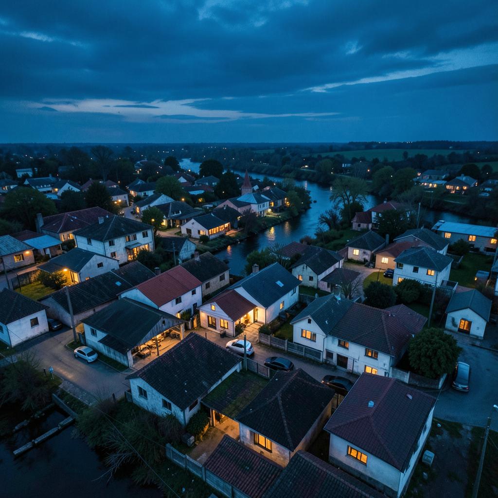 Aerial view of a small river town with rooftops at dusk